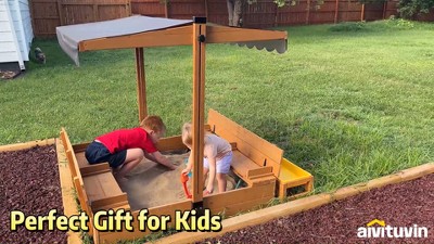 Large Wooden Sandbox with Adjustable Canopy and Toy Bin Storage