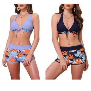 INSPIRE CHIC Women's Leaf Print Color Block Halter Top Boyshorts Bottom Swimwear Bathing Bikini Suits 2 Sets - 1 of 4