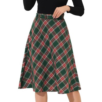 INSPIRE CHIC Women's Tartan Plaid High Waist Belted Vintage A-Line Midi Skirt