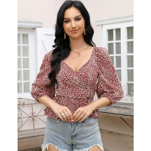 Women's Tops Floral Pleated V Neck Sleeveless Camisole Tank Tops Red Leopard S - 1 of 4