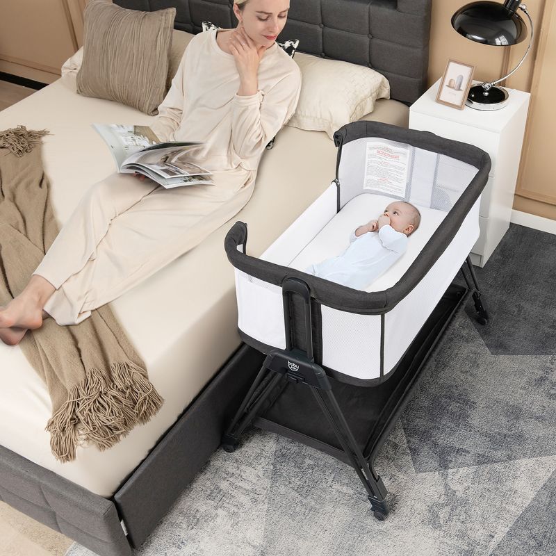 Babyjoy Baby Bedside Sleeper Bassinet with  Wheels & Storage Tray Folding Adjustable Crib, 2 of 11