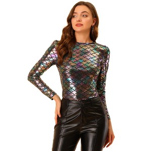 INSPIRE CHIC Women's Metallic Round Neck Long Sleeve Sparkly Disco Party Shiny Top - 1 of 4