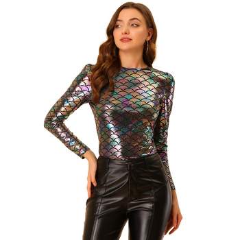 Allegra K Women's Long Sleeve Puff Sleeve Party Glitter Shiny Metallic Tops