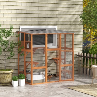 Large Outdoor Wooden Cat House with Platforms and Bridge