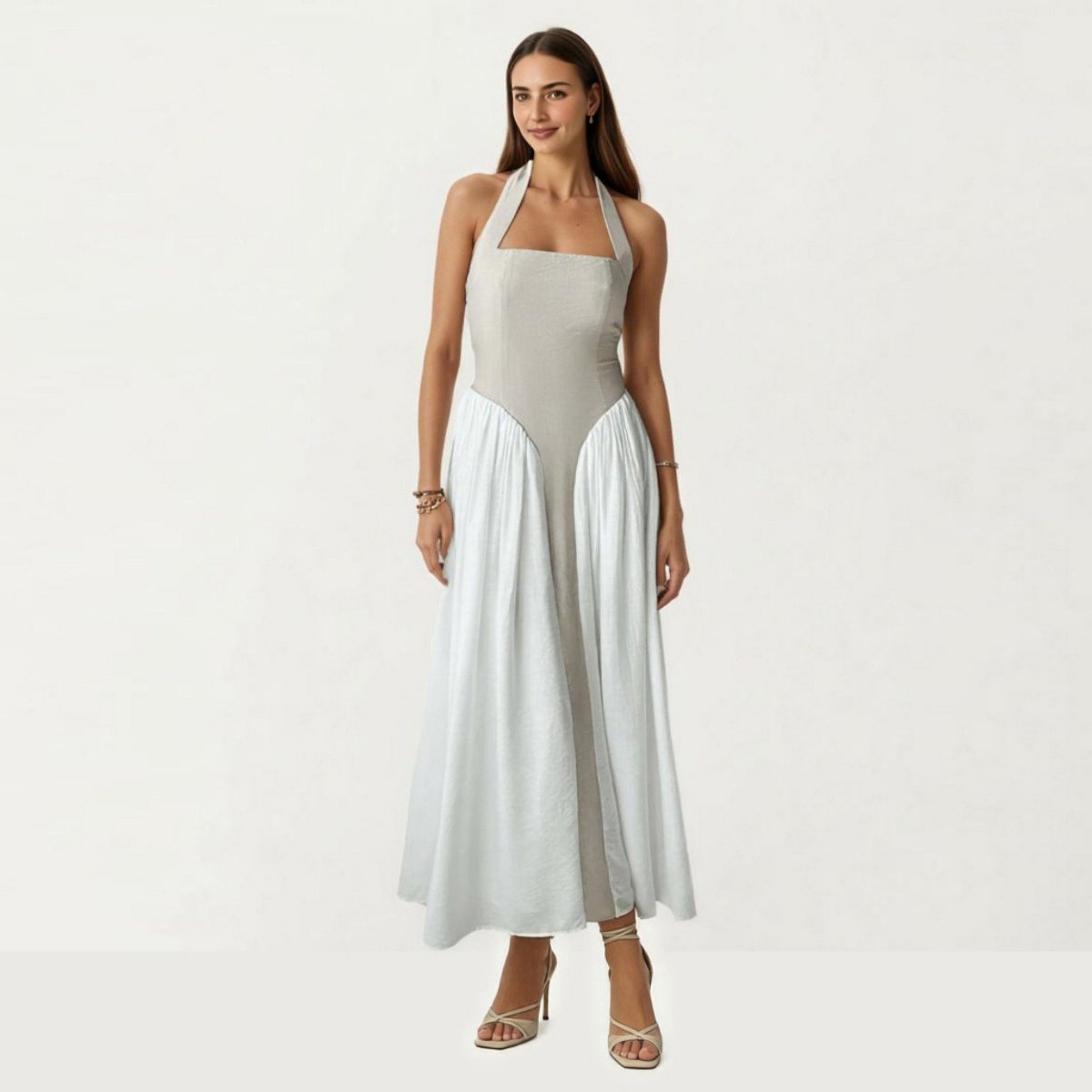 Женские платья Anna-Kaci Women's Color Block Halter Neck Smocked Back Maxi Dress - Light Beige, Small — фото 6
