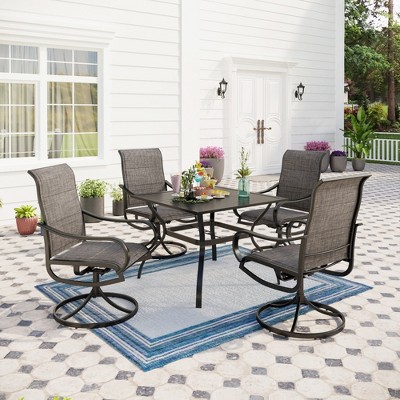 Captiva Designs 5pc Patio Dining Set with Slat-top Table & Gray Textilene Swivel Chairs