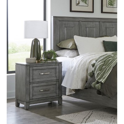 Vynxaria Garretson Collection 2-Drawer Nightstand, Gray Finish, Okume Veneer, Stain Nickel Bar Pulls, 24"x15.5"x27.5"H