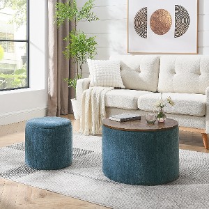 Lyngins 2-Piece Set Round Chenille Storage Ottoman with a Drum Shaped Small Stool– No-Assembly, Soft Padded Foot Stool, Ottoman with Storage - 1 of 4