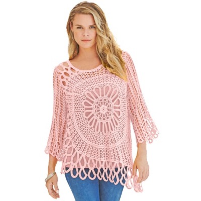Roaman's Women's Plus Size Starburst Crochet Sweater