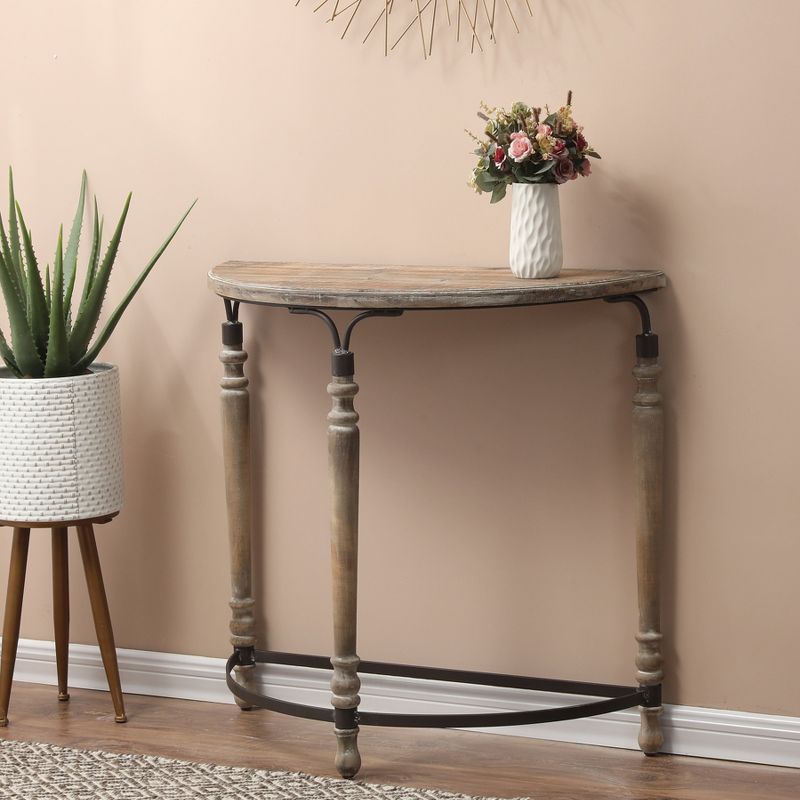 LuxenHome Rustic Wood and Metal Half Moon Console and Entry Table Brown, 3 of 10