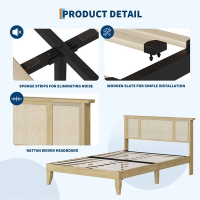 Bed Frame with Natural Rattan Headboard, Metal Platform and Strong Wooden Slats Support, No Box Spring Needed