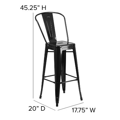 Black 30" Metal Bar Stool with Removable Back and Footrest