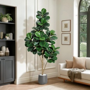 7FT Fiddle Leaf Fig Tree Artificial with 141 Leaves - Realistic Faux Ficus Lyrata Trees in 9" White Planter Pot, Indoor Fake Floor Plants ,Gift - 1 of 4