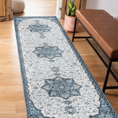 Blue and Ivory Medallion Runner Rug with Jute Backing