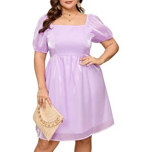 Women's Plus Size Tulle Dress Square Neck Puff Sleeve Puffy Babydoll Mesh Mini Dress - 1 of 1