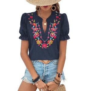 Coolmee Women's Casual Floral Embroidered V Neck Boho Short Puff Sleeve Shirts Loose Summer Blouses Tops Fashion Clothes - 1 of 4