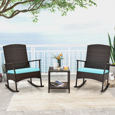 Costway 3 Piece Patio Rocking Set Wicker Rocking Chairs with 2-Tier Coffee Table Turquoise