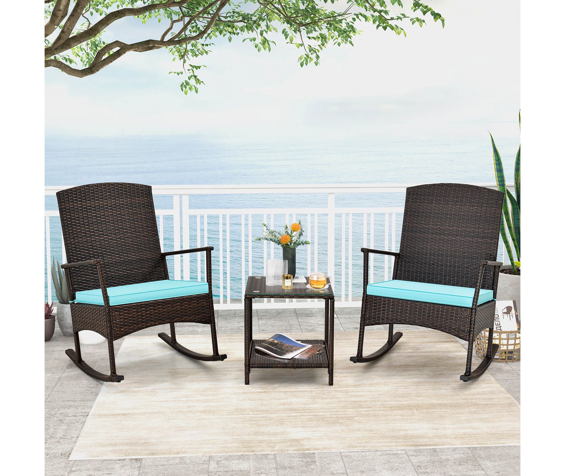 Costway 3 Piece Patio Rocking Set Wicker Rocking Chairs with 2-Tier Coffee Table Turquoise