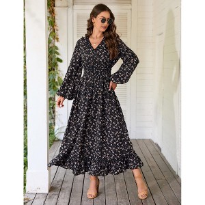 Women's Bohemian Floral Print Maxi Dress - V-Neck Long Sleeve Wedding Guest Gown, Flowy Beach Dress - 1 of 4