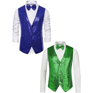 Lars Amadeus Men's Shiny Sequin Sleeveless Suit Vest Set with Bow Tie 2 Packs - 1 of 4
