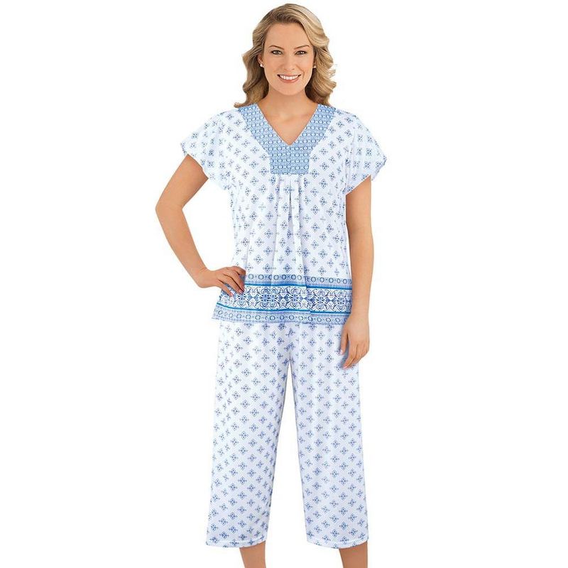 Collections Etc Border Floral Print Capri Pajama Set with Short Sleeve V Neck Shirt, Comfy Lounge and Sleeping Apparel, 3 of 4