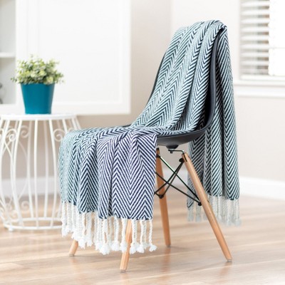 Navy and White Chevron Knitted Acrylic Throw Blanket with Tassels