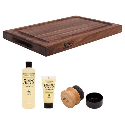 John Boos Walnut Barbecue Carving Cutting Board with Edge Groove, 18 x 12 x 1.5 Inches and 3 Piece Wood Cutting Board Care and Maintenance Set