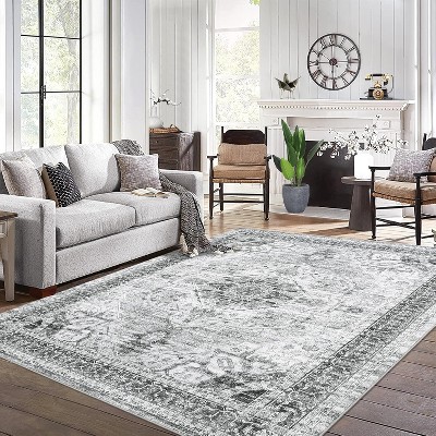 Washable Vintage Rug - Oriental Medallion Low Pile Non-Slip Carpet for Living Room, Bedroom, Office - Grey