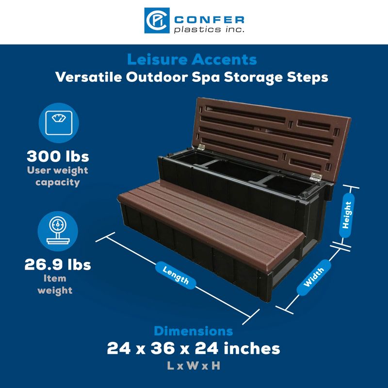 Confer Plastics Leisure Accents Durable Multi-Functional Outdoor Spa and Hot Tub Storage Step with Removable Compartment, Espresso, 3 of 8