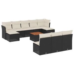 vidaXL Patio Sofa Set with Cushions Outdoor Furniture 11 Piece Poly Rattan - Black and Cream - 1 of 4