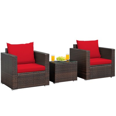 Tangkula 3PCS Patio Rattan Furniture Set with 2 Cushioned Sofas & Coffee Table for Outdoor Turquoise/Black/Navy/Red/Brown