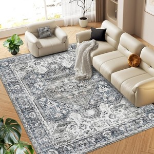 8x10 Vintage Distressed Washable Area Rug, Non-Slip, Non-Shedding, Stain-Resistant, Ultra-Thin Foldable Floral Print Floor Cover, Grey Blue - 1 of 4