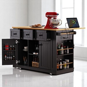 53" Rolling Kitchen Island Cart with Drop Leaf, USB, Internal Storage Racks, 5 Wheels, Storage Cabinet for Kitchen, Dining Room (No Bar Stools) - 1 of 4