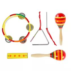 Toy Time Kids' Percussion and Wind Musical Instruments Toy Set of Tambourine, Maracas, Triangle, and Harmonica for Ages 3 and Up - Set of 4