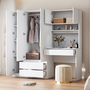 TIRAMISUBEST 3-Door Storage Desk Wardrobe with 3 Drawers for Bedroom, Modern Closet Armoire with Bulit-in Desk and Storage Shelves - 1 of 4