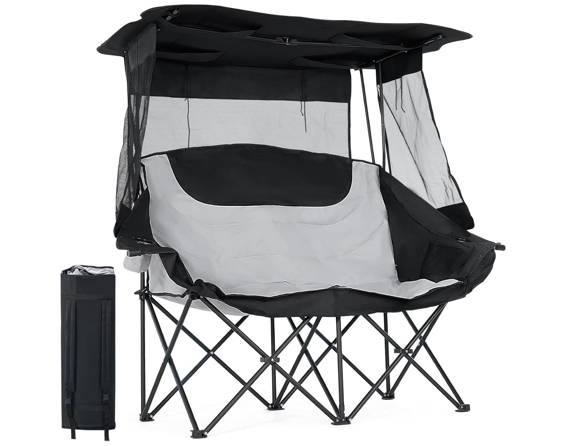 DoCred Double Camping Chair with Canopy, Folding 2 Person Camping Sofa Seat, Portable Outdoor Loveseat with Shade