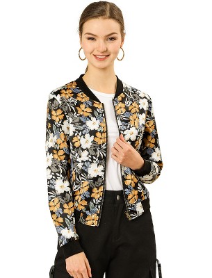 INSPIRE CHIC Women's Stand Collar Floral Prints Zip Up Lightweight Short Jacket
