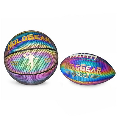 HoloGear Holographic Glowing Reflective Leather Basketball, 29.5 Inch & HoloGear Reflective Light Holographic Football, Combo Pack