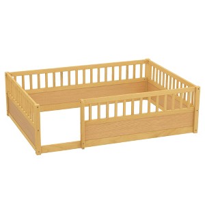Vynxaria Full Floor Bed Frame with Fence Wooden Kids Bed for Bedroom Playroom natural Solid Wood Safety Design - 1 of 4