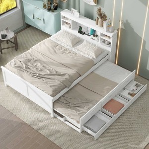 PAGED Twin Size Platform Bed Modern Simple Wooden Bed Frame with Trundle, 3 Drawers and Storage Headboard for Bedroom - 1 of 4