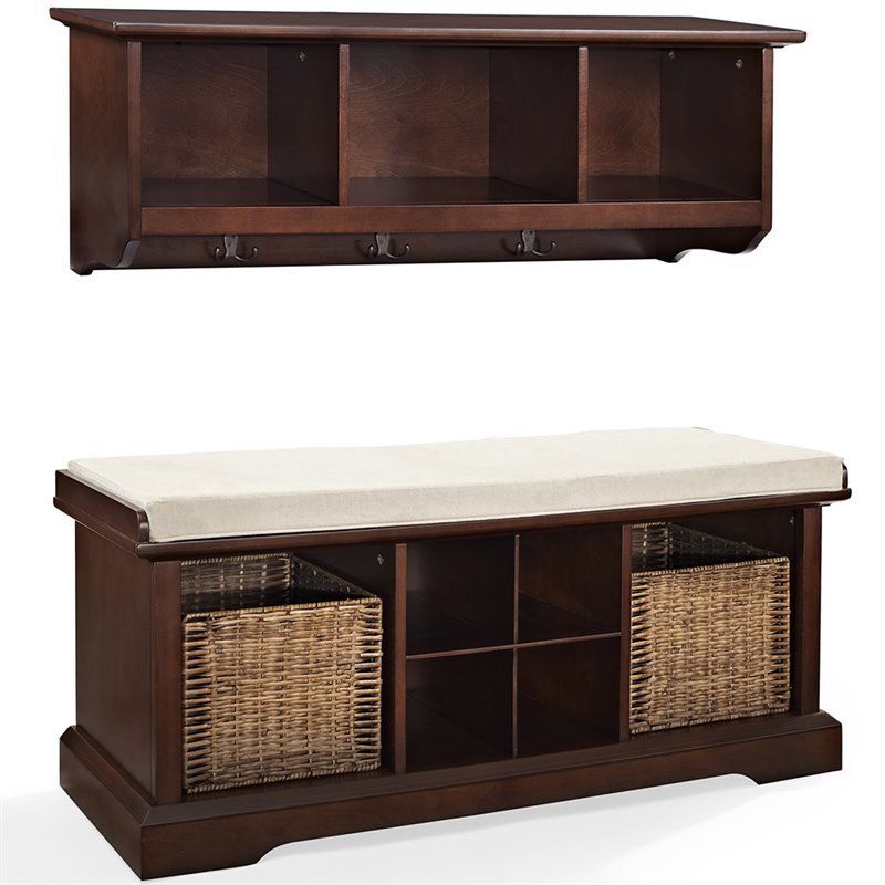 Wood 2 Piece Entryway Bench and Shelf Set in Mahogany brown--Bowery Hill, 1 of 5