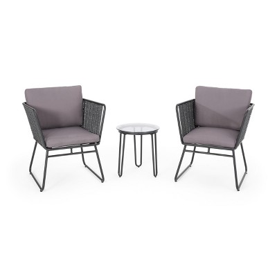 GDFStudio San Marco Outdoor Rope Weave and Iron 3 Piece Chat Set with Cushion, Dark Gray/Black