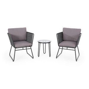 GDFStudio San Marco Outdoor Rope Weave and Iron 3 Piece Chat Set with Cushion, Dark Gray/Black - 1 of 4