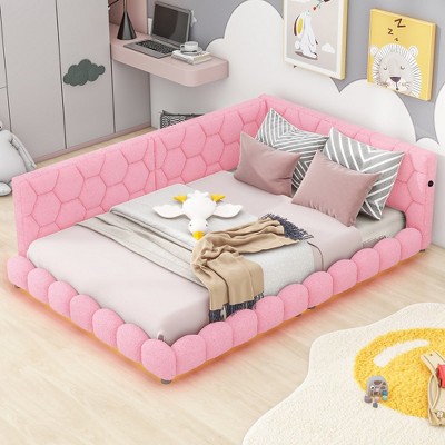 Upholstered Full Size Platform Bed With USB Ports LED Belt Bed For Living Room Bedroom Wood Corner Daybed Frame