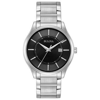 Bulova Men's Classic 3-Hand Date Quartz Stainless Steel Watch, Black Dial 40mm