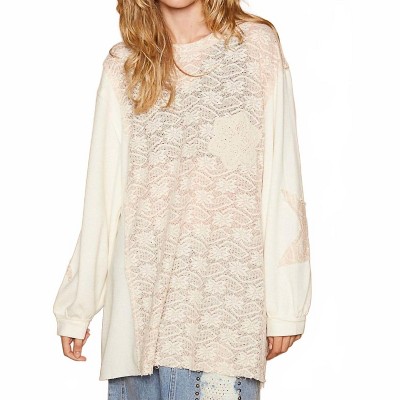 Women's Round Neck Long Sleeve Crochet Patches Top - POL