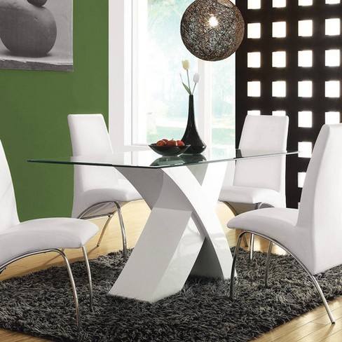 Glass dining table on sale with white chairs