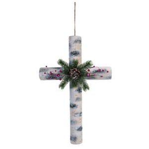 Transpac Foam 23 in. White Christmas Birch Cross with Pinecone - 1 of 2