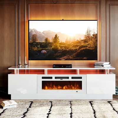 AOXUN Fireplace TV Stand with 36" Electric Fireplace, 70" 2 Tier TV Console Stand for TVs Up to 80", LED Light Entertainment Center, White