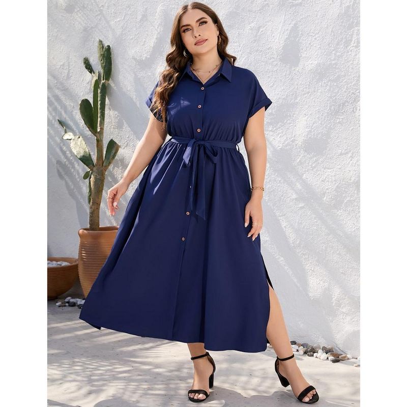 Plus Size Maxi Dresses for Women Summer Tie Belt Work Polo Dress Business Casual Button Down Dress, 3 of 7